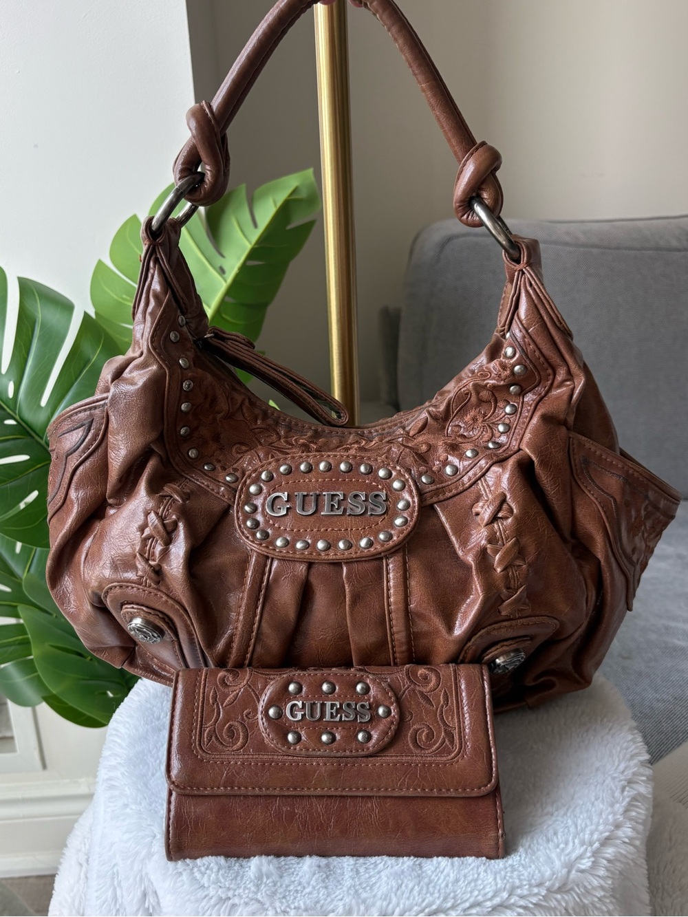 Vintage Y2K GUESS Studded Hobo Bag + Matching Wallet Brown Boho Guess Bundle Set